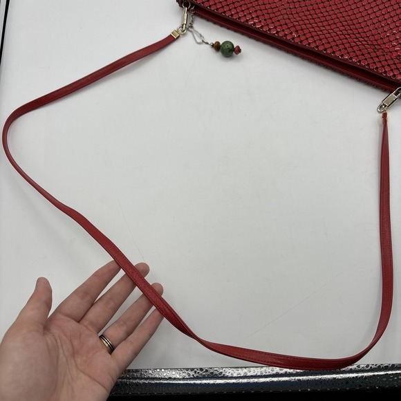 Vtg WHITING and DAVIS Purse Red Metal Mesh Leather Strap Zip Bag - Picture 11 of 16